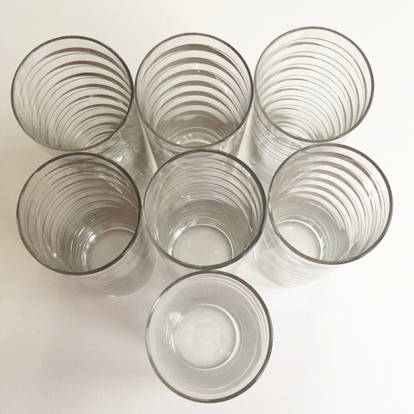 VTG Set 7 Libbey "Element" Tom Collins Ice Tea Glasses Diagonal Silver Stripes - Picture 2 of 12